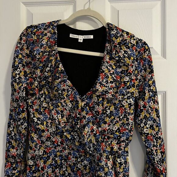 Veronica Beard Dress Minna V-Neck Floral Stretch Silk Mini Black Multicolor 4 - Picture 3 of 10